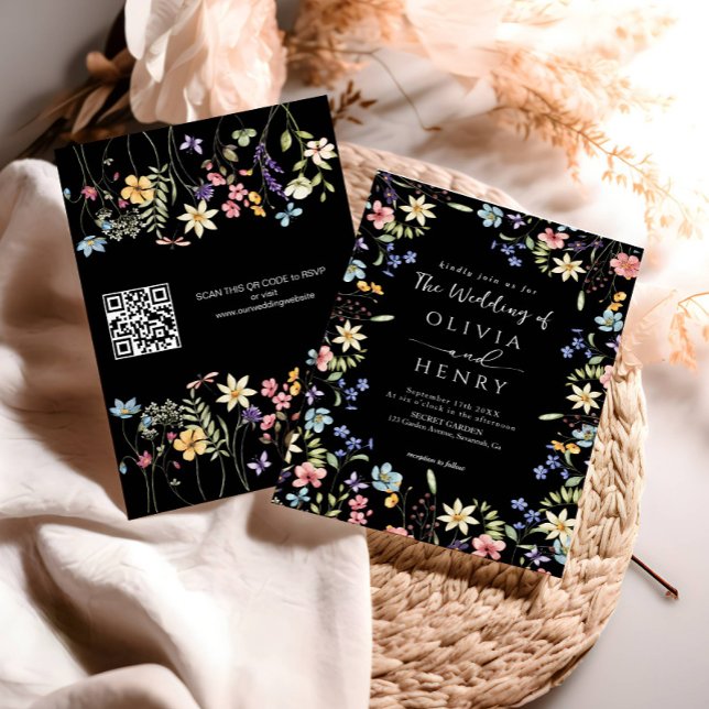 Invitation Mariage Code QR Noir Fleur Sauvage Simple Rustique (Créateur téléchargé)