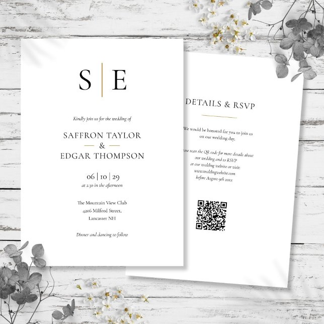 Invitation Mariage Code QR Noir Or Monogramme (Monogram Gold Black QR Code Wedding Invitation)