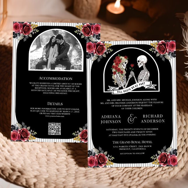 Invitation Mariage Code QR Noir Roses Couple de Squelettes Go (Créateur téléchargé)