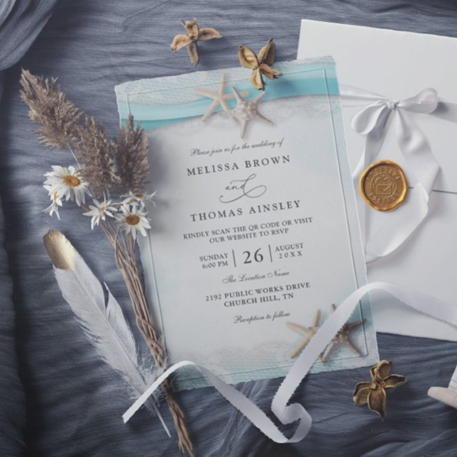 Invitation Mariage Code QR Ocean Bleu Plage Étoile de Mer et  (Créateur téléchargé)