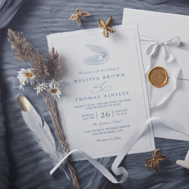 Invitation Mariage Code QR Océan Plage Coquillage Bleu Poussi (Créateur téléchargé)