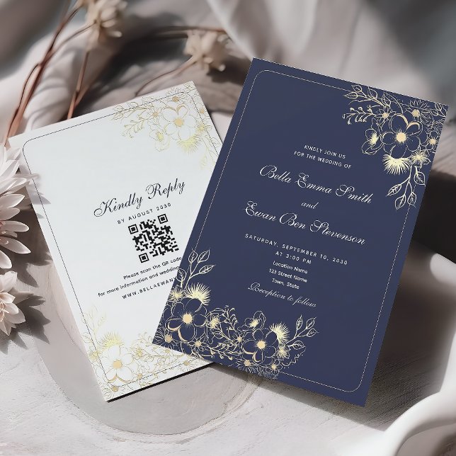 Invitation Mariage Code QR Or Bleu Marine Classique (Créateur téléchargé)