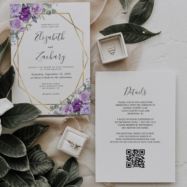 Invitation Mariage Code QR Or Floral Aquarelle Violet (Créateur téléchargé)