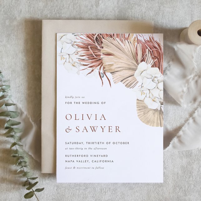 Invitation Mariage Code QR Orchidées Boho et Feuilles de Palm (This QR code wedding invitation is perfect for modern weddings with a natural or boho theme.)