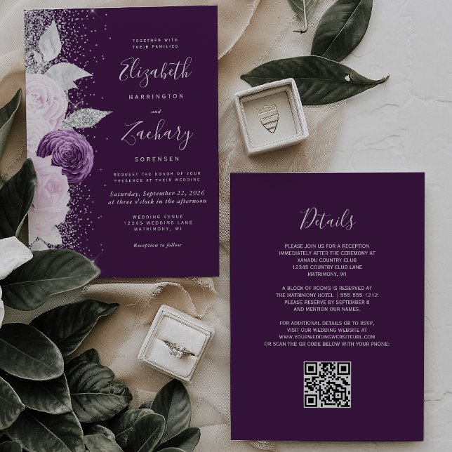 Invitation Mariage Code QR Pailleté Argent Violet Foncé Flora (Créateur téléchargé)