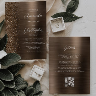 Invitation Mariage Code QR Pailleté Métal Brossé Bronze