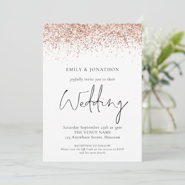 Invitation Mariage Code QR Pailleté Or Rose Élégant (Debout devant)