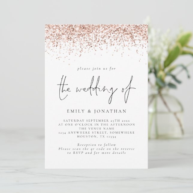 Invitation Mariage Code QR Pailleté Rose Gold Élégant (Debout devant)