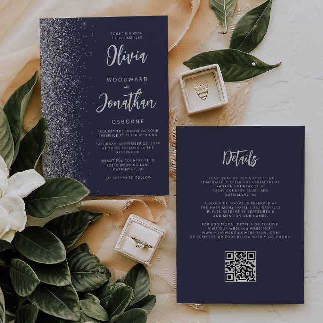 Invitation Mariage Code QR Paillettes Argent Bleu Foncé (Créateur téléchargé)