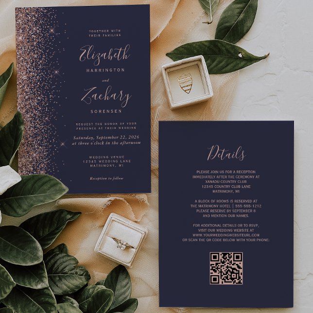 Invitation Mariage Code QR Paillettes Or Rose Bleu Foncé Mode (Créateur téléchargé)