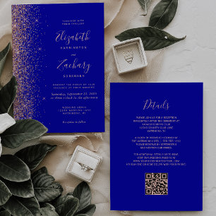Invitation Mariage Code QR Paillettes Or Rose Bleu Royal