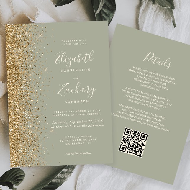 Invitation Mariage Code QR Paillettes Or Vert Sauge (Créateur téléchargé)
