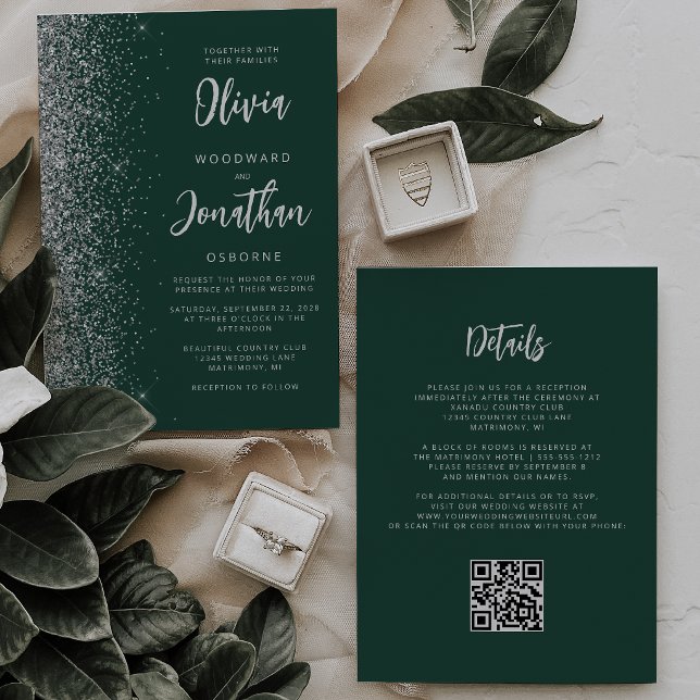 Invitation Mariage Code QR Paillettes Vert Émeraude Argent (Créateur téléchargé)