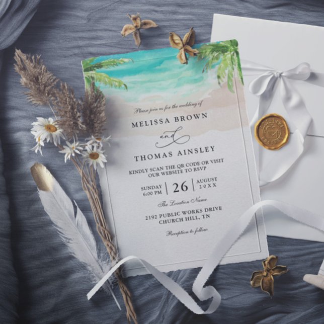 Invitation Mariage code QR palmier plage tropicale aquarelle (Créateur téléchargé)