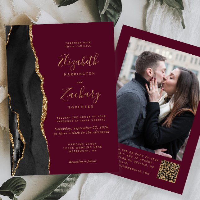 Invitation Mariage Code QR Photo Agate Or Bourguignon (Créateur téléchargé)