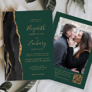 Invitation Mariage Code QR Photo Agate Vert Or Noir