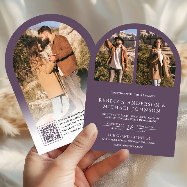 Invitation Mariage Code QR Photo Arch Purple Poussiéreux Mode (Créateur téléchargé)