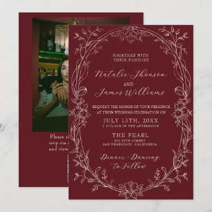 Invitation Mariage Code QR Photo Argent Ancien Floral Bourgog