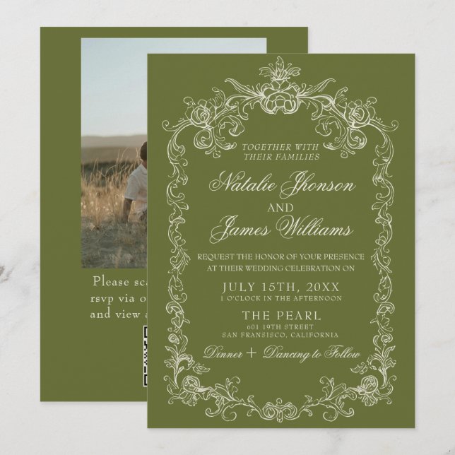 Invitation Mariage Code QR Photo Argent Olive Vintage (Devant / Derrière)