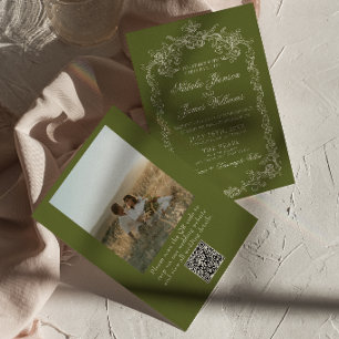 Invitation Mariage Code QR Photo Argent Olive Vintage