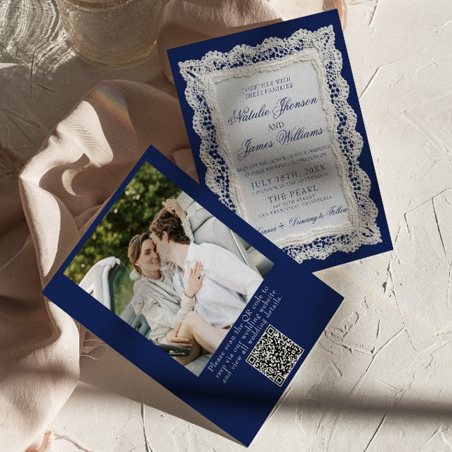 Invitation Mariage Code QR Photo Bleu Royale Ancien Argent  (Créateur téléchargé)