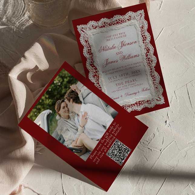 Invitation Mariage Code QR Photo Bourgogne Dentelle Argent An (Créateur téléchargé)