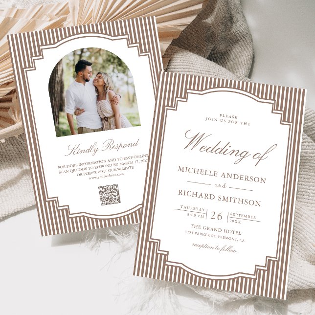 Invitation Mariage Code QR Photo Brun Rayé Classique (Créateur téléchargé)