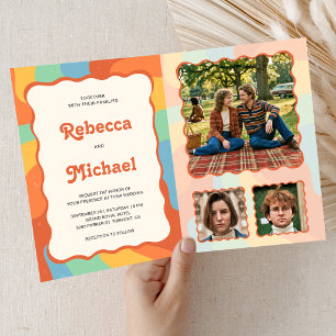 Invitation Mariage Code QR Photo Coloré Groovy Rétro 70