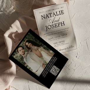 Invitation Mariage Code QR Photo Crème Noir Rétro Argent