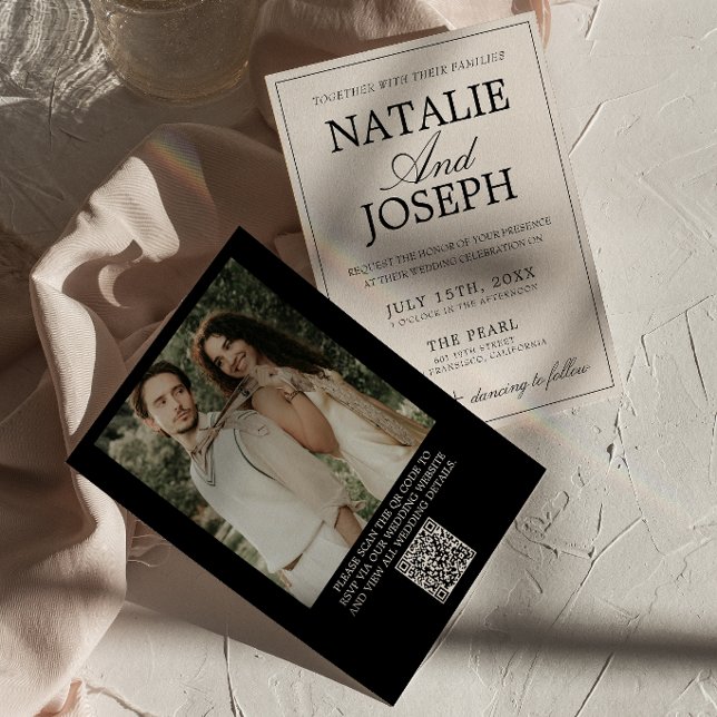 Invitation Mariage Code QR Photo Crème Noir Rétro Argent (Créateur téléchargé)