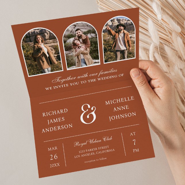 Invitation Mariage code QR photo d'arch minimal en terre cuit (Créateur téléchargé)