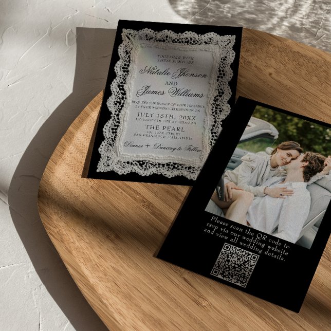 Invitation Mariage Code QR Photo Dentelle Noir Et Blanc (Créateur téléchargé)