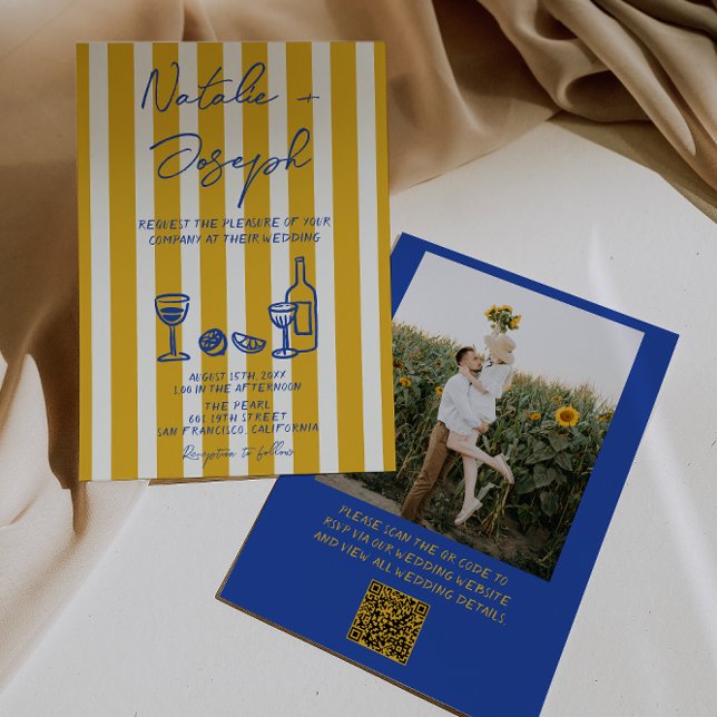 Invitation Mariage Code QR Photo Écrit à la Main Jaune Bleu (Créateur téléchargé)