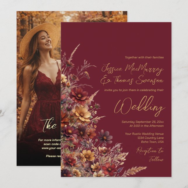 Invitation Mariage Code QR Photo et Fleurs Sauvages Bohème de (Devant / Derrière)