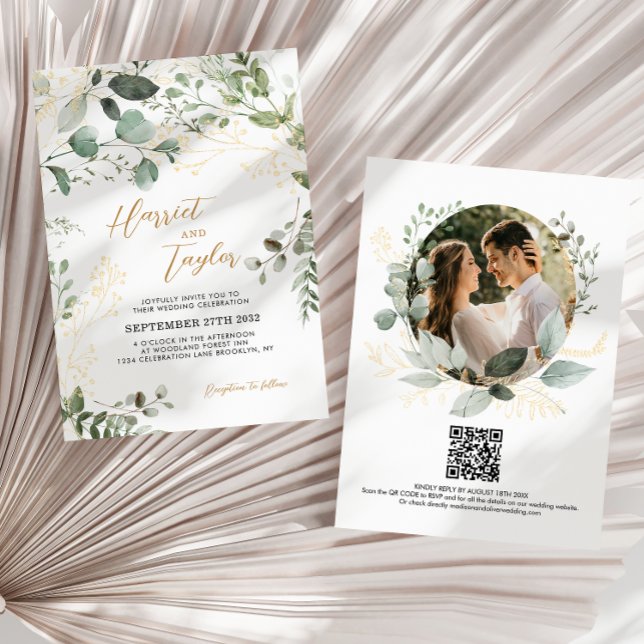 Invitation Mariage Code QR Photo Eucalyptus Verdure Or (Créateur téléchargé)