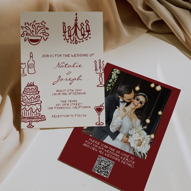 Invitation Mariage Code QR Photo Fantaisiste Bourgogne Dessin (Créateur téléchargé)