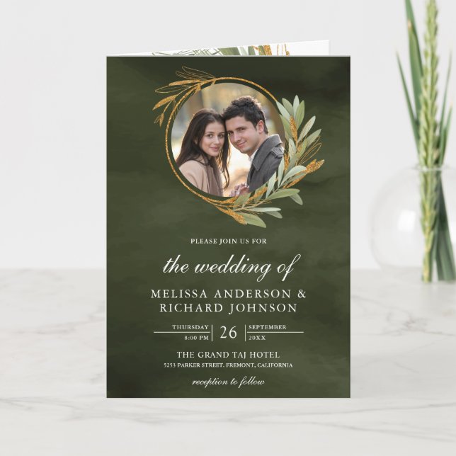 Invitation Mariage Code QR Photo Feuilles d'Or Vert Olive (Devant)