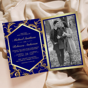 Invitation Mariage Code QR Photo Fleuron Or Bleu Royal