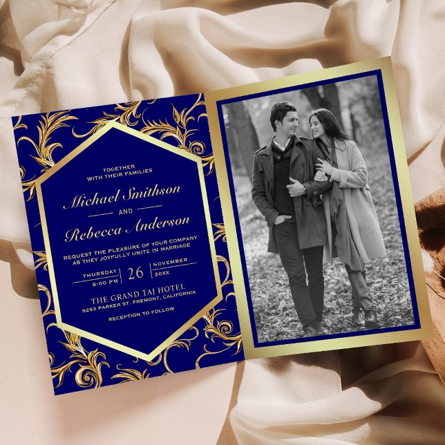 Invitation Mariage Code QR Photo Fleuron Or Bleu Royal (Créateur téléchargé)