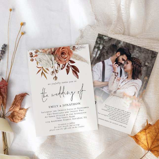 Invitation Mariage Code QR Photo Fleurs Terracotta Rustique (Front and back view)