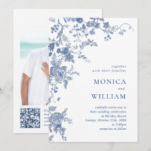 Invitation Mariage code QR photo floral bleu victorien frança