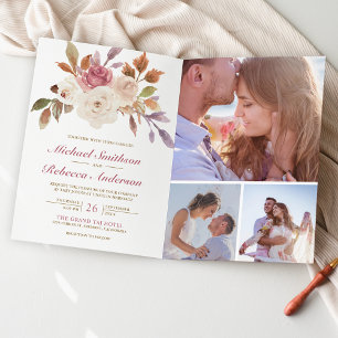 Invitation Mariage Code QR Photo Floral Ivoire Rose Poussiére