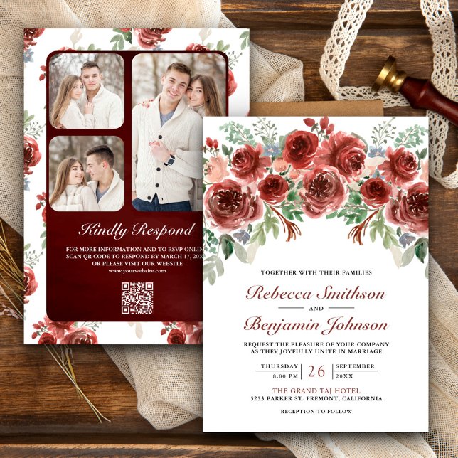 Invitation Mariage Code QR Photo Floral Marsala Rustique (Créateur téléchargé)