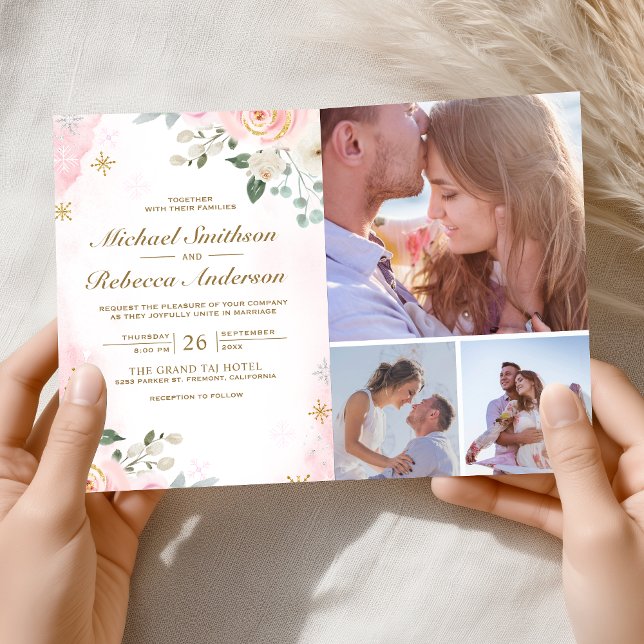 Invitation Mariage Code QR Photo Floral Rose Blush Or (Créateur téléchargé)