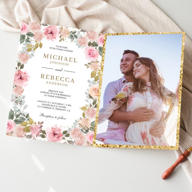 Invitation Mariage Code QR Photo Floral Rose et Or Rustique (Créateur téléchargé)