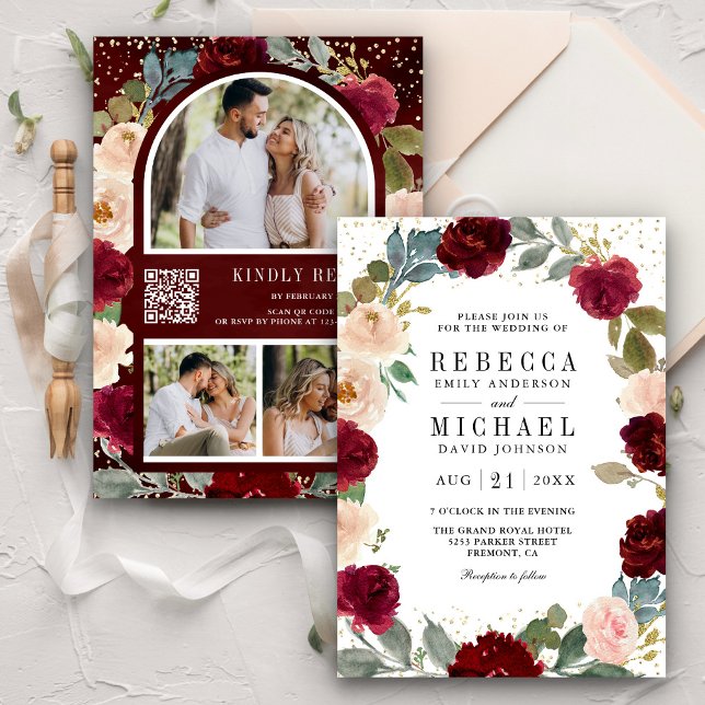 Invitation Mariage Code QR Photo Florale Pêche Bourgogne (Créateur téléchargé)