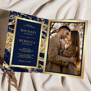 Invitation Mariage Code QR Photo Marbre Bleu Marine Or