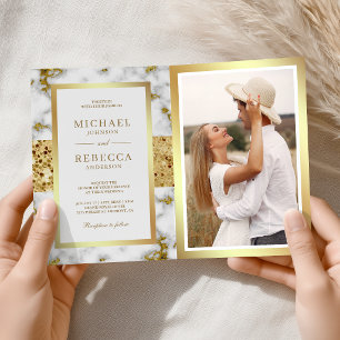 Invitation Mariage Code QR Photo Marbre Or Blanc