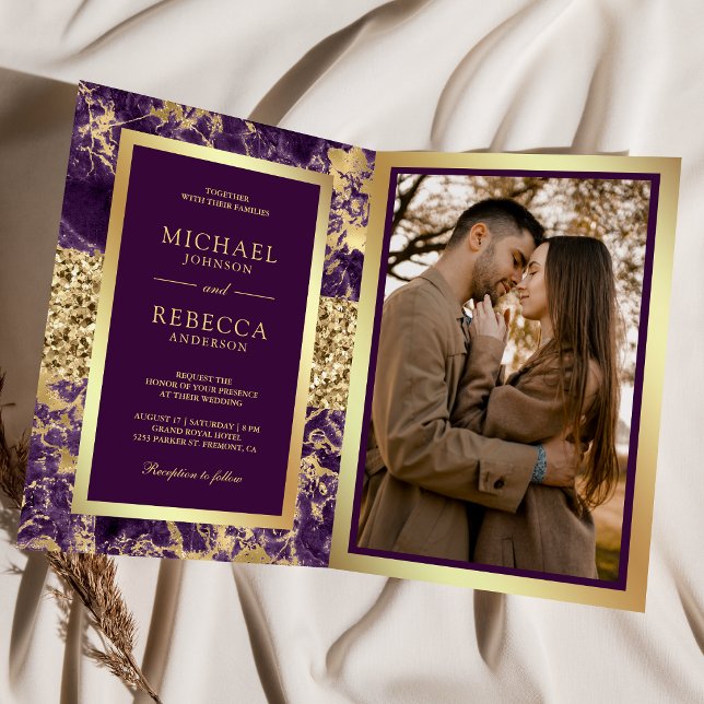 Invitation Mariage Code QR Photo Marbre Or Pourpre Royale (Créateur téléchargé)