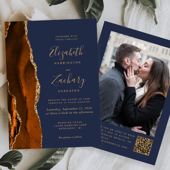 Invitation Mariage Code QR Photo Marine Agate Orange Brûlée (Créateur téléchargé)